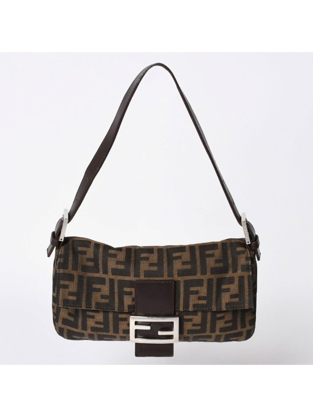 Fendi Shoulder Bag Cross Mamma Baguette Zucca Pattern Brown Silver